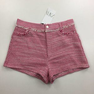 NWT ZARA Fuschia Pink White Tweed Short Fringe Accent High Rise Shorts